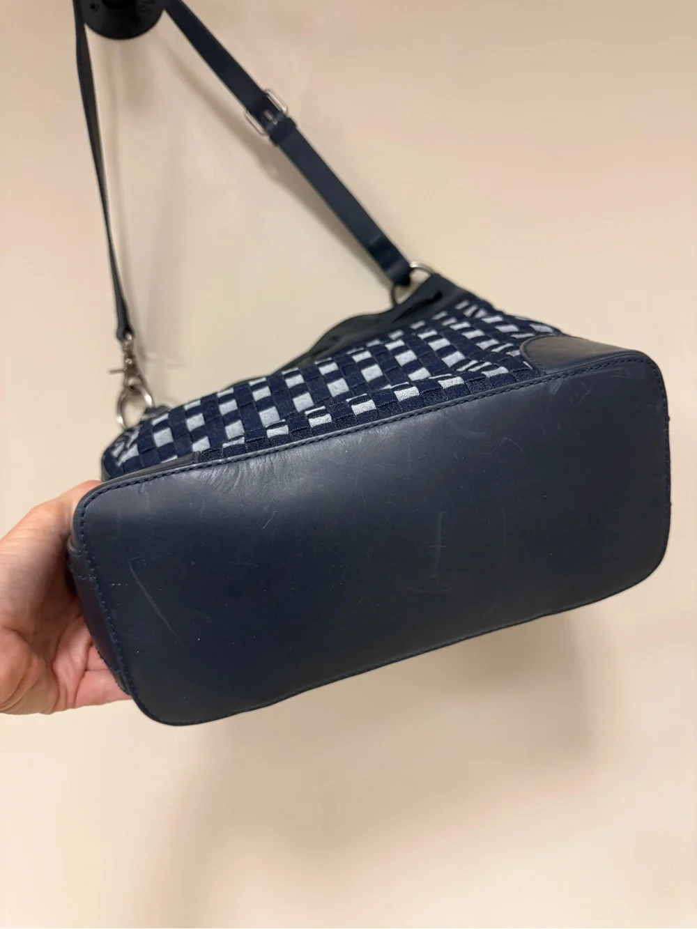 Frye Navy Denim Check Drawstring Hobo